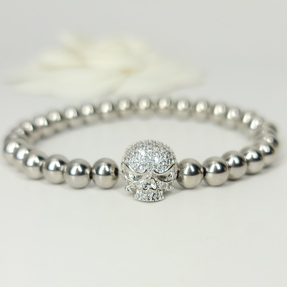 NEW Pave CZ Diamond Stainless Steel Skull Bracelet - Picture 2 of 7